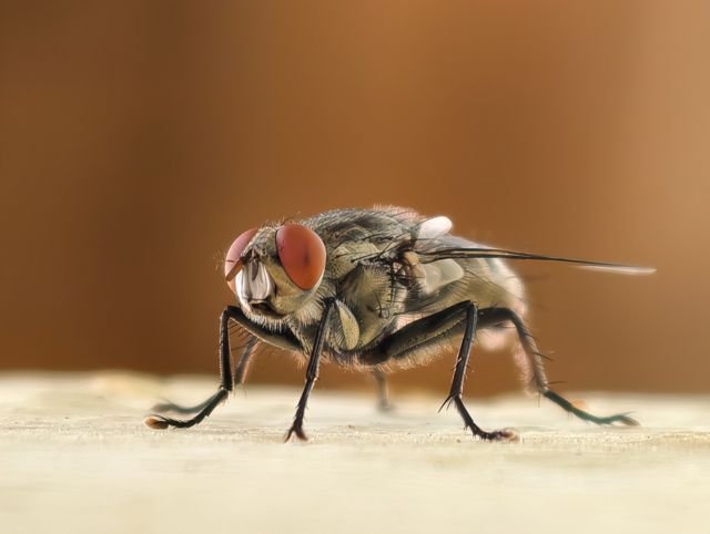 Detailed macro shot of a common housefly showcasing its intricate features against a blurred background.